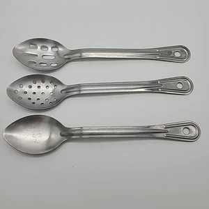3 Stainless Steel Bakers & Chefs Serving Spoons 13-1/4" Solid Slotted Industrial - Picture 1 of 8