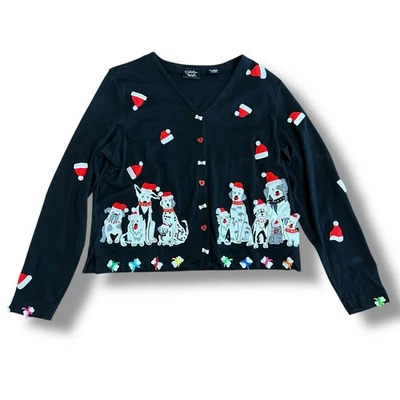 Vintage Christine Rotelli Holiday Cardigan Sweater S Dog Santa Ugly Christmas - Image 1 of 4