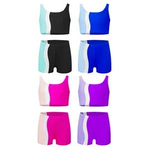 Kids Girls Crop Top With Shorts Stage Tank Vest And Bottoms Workout Sports Set - Picture 1 of 52