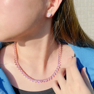 Conjunto de joyas para mujer enchapado en oro rosa circonita cúbica rosa forma de corazón boda fiesta Foto 1 de 4