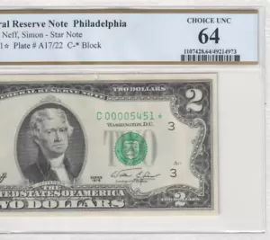 1976 $2 Dollar Philadelphia Rare 4 Digit Star Serial Number 00005451* PCGS 64 - Picture 1 of 3