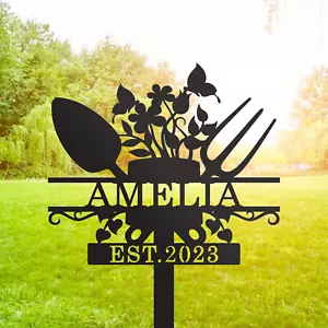 Personalized Gardening Tools Set Metal Stake, Yard Decor, Outdoor Lawn Stakes - Picture 1 of 6