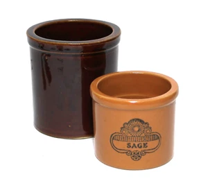 Stoneware Crocks Small Pottery Jars Dark Brown & Burnt Orange Set 2 - Picture 1 of 8