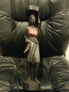 Wood African Statue Basket On Head Walking good condition 21 inches tall - Picture 1 of 12