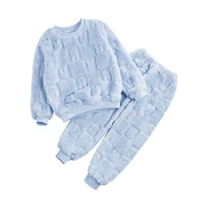 Kid Boys Girls 2Pcs Fuzzy Warm Long Sleeve Fleece Pullover with Pants Homewear - Picture 1 of 40