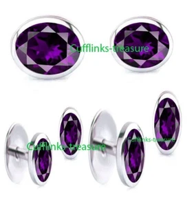 Natural Amethyst Gemstones with 925 Sterling Silver Tuxedo Buttons set #934 - Picture 1 of 6