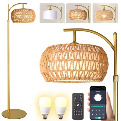 Lámpara de pie de ratán boho dorado con control remoto, regulable (2700K - 6000K), 2 en - 1 Wi... Foto 1 de 4