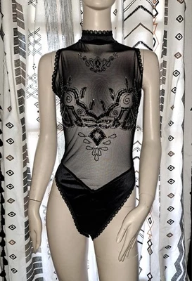 Vtg 80s Shirley Of Hollywood Bodysuit M Black Satin Sheer Mesh Sequins High Cut - Image 1 of 4