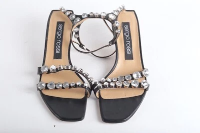 SERGIO ROSSI Black 50 Crystal Rhinestone Embellished Ankle Strap Sandals Sz 38.5 - Image 1 of 4