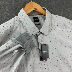 Hugo Boss Shirt Mens 2XL Polka Dot Gray Flip Cuff Button Up Regular Fit NEW - Picture 1 of 16