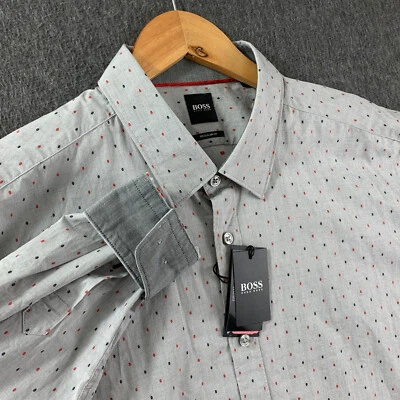 Hugo Boss Shirt Mens 2XL Polka Dot Gray Flip Cuff Button Up Regular Fit NEW - Image 1 of 4