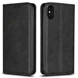 Magnet Calf Leather Flip Phone Case for iPhone XS Max XR 14Pro 13 8 plus Wallet - Picture 1 of 15