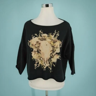 Sudadera Denim & Supply Ralph Lauren Talla XS Negra Calavera Toro Recortada Dobladillo Crudo  Foto 1 de 4