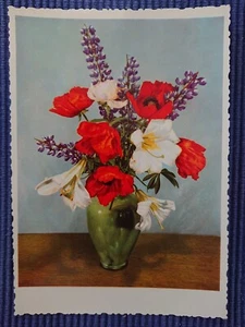Antiguo Tarjeta Postal Postales Ak Ramo Florero de Cerámica 50er Amapolas Lilias - Imagen 1 de 2