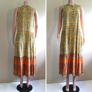 Dress L Yellow Orange Cottage Rayon Indian Woodcut Floral Sleeveless Low Waist - Picture 1 of 6