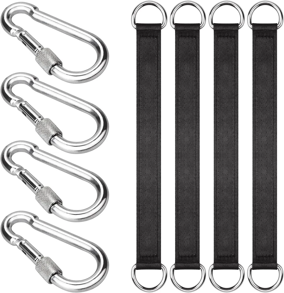 ISusser 4 PCS Black Tree Swing Straps Hanging Kit with 4 Carabiners 24cm / 9.4i