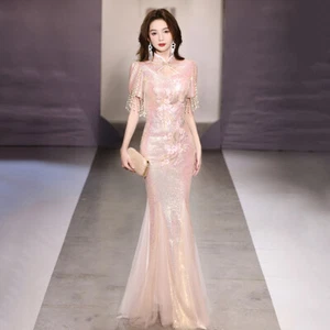 New Chinese Cheongsam Evening Gown Luxury Toast Pink Sequins Flash Wedding Dress - Picture 1 of 23