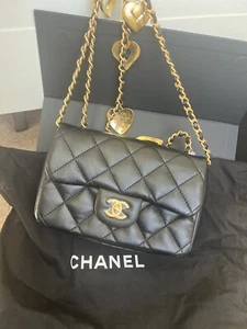 Chanel 22B Black Mini Flap Rectangle Open Heart Gold Logo Shoulder Crossbody Bag - Picture 1 of 11