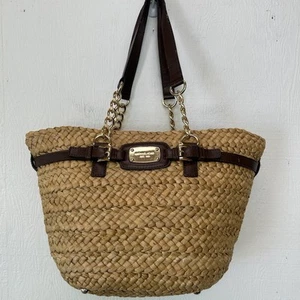 Michael Kors Hamilton Straw Raffia Brown Leather Large Tote Bag Purse Handbag - Picture 1 of 12