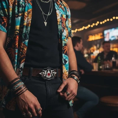 Nuovo Uomo Donna Cintura Fibbia Metallo Argento Skull Apmany Colver Foglia Gambe - Immagine 1 di 4