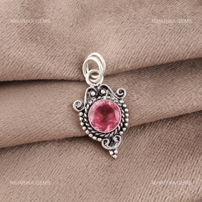 925 Argento Sterling Rotondo Cuore Chakra Rosa Tormalina Pietra Birthday Pendant - Immagine 1 di 4