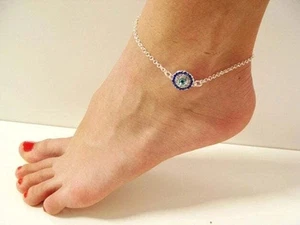 Fantastic Evil Eye Design Beautiful Anklet With Lab Created Shiny Blue Sapphire - Picture 1 of 2