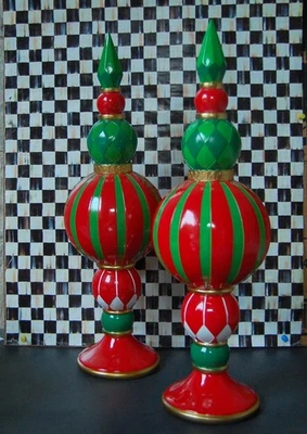 Juego Topiarios Estilo Mackenzie /2 Rojo Verde Arlequín Acabado Navidad 18" Cuadros T Foto 1 de 4