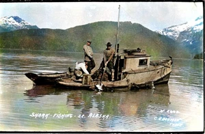 Altes Farbbild Hai Angeln in Alaska auf Metallmagnet 2,5"x 3,5" 1800 auf Lager! - Bild 1 von 4