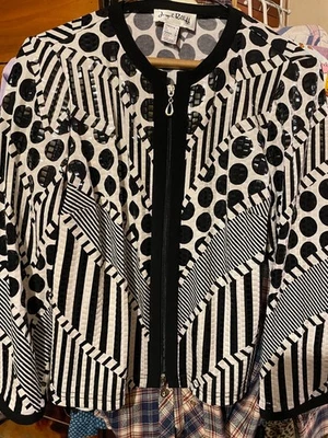 JOSEPH RIBKOFF Striped Polka Dot Sequin Full Zip Up Jacket Black White Size 8 - Image 1 of 3