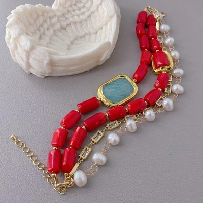 Pulsera de agua dulce blanca patata perla coral rojo amazonita pulseras llamativas Foto 1 de 4