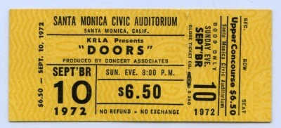 1972 THE DOORS Santa Monica Civic Auditorium Unused Concert Ticket LAST SHOW DAY - Image 1 of 2
