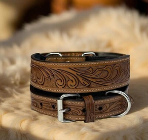 Western Leather Handmade Pet Dog Collar Heavy Duty Hand Tooled Adjustable - Picture 1 of 8