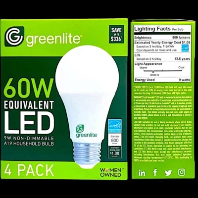 Greenlite 4pack 9W A19 60W Equivalent LED Bright White Bulb 800 Lumen 15,000 Hrs - Image 1 of 4