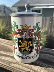 German Lidded Pewter Beer Stein Berlin Heidelberg Shield Crest Rare - Picture 1 of 10