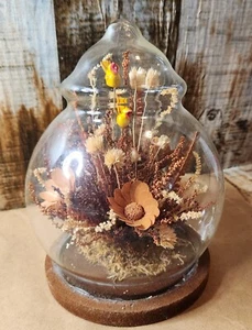 Cloche Terrarium Vintage 1970s Boho Glass Dome Dried Flowers Duck Bird Accent - Picture 1 of 9