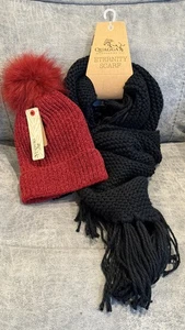 Quagga schwarzer Eternity Schal & burgunderrote Strickmütze mit Kunstfellbommel neu mit Etikett - Bild 1 von 7
