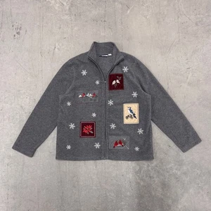 Chaqueta polar vintage Christmas Birds Cardinal cremallera completa XL parches bordados - Imagen 1 de 7