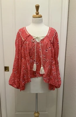 Blusa Free People Mediodía Sol Campesina Femenina Slouchy Coral Estampado Margarita Borla L Foto 1 de 4