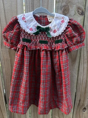 Vintage B.T.  Kids Christmas Holiday Dress Girls Size 2T Red Plaid Puff Sleeves - Image 1 of 4