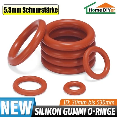 HOME DIYER Silikon O Ring ID Φ 30-530mm Schnurstärke 5.3mm VMQ Dichtring Dichtungsringe Rot
