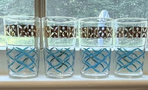 MCM Vtg Federal Juice Glasses Gold & Turquoise Blue Set of 4 - Picture 1 of 3