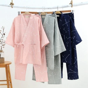 Japanese Kimono Pajamas Set Gauze Cotton Top Pants Nightgown Men Women - Picture 1 of 13