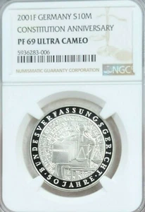 2001 GERMANY SILVER 10 MARK CONSTITUTION ANNIVERSARY NGC PF 69 ULTRA CAMEO TOP - Picture 1 of 4