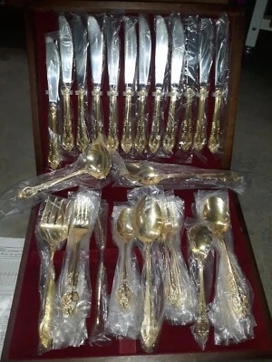 Estia Gold Plated Flatware 66 Piece Complete Serving Set W/ Wood Chest Brand NEW - Image 1 of 4