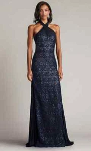 Tadashi Shoji Royal Blue Nude Dallas Sequin Embroidered Tulle Gown Size 2 $618 - Picture 1 of 4