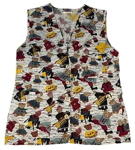 Vintage Landau Teddy Bear Scrub Shirt Top Women's L Multicolor Winter Scene Sled - Picture 1 of 5