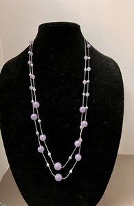 Purple Glass & Small Silver Bead Necklace - 30” - Double Strand Silver Vntg - Picture 1 of 4