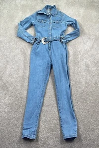 Parisian Women's Denim Belted Cropped Slim Jumpsuit Long Sleeves Size 4 Blue - Picture 1 of 14