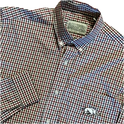 ARKANSAS RAZORBACKS Shirt~Mens M~Red/Black/White Plaid~Button Down~Long Sleeve - Image 1 of 4
