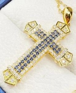 Damen Kreuz Anhänger mit Kette Brillant Diamant Saphir ,750 Gelbgold 18KT,Neu»»» - Bild 1 von 9